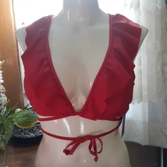 Two NWT Red Ruffle Bikini Tops Large - Picture 2 of 16